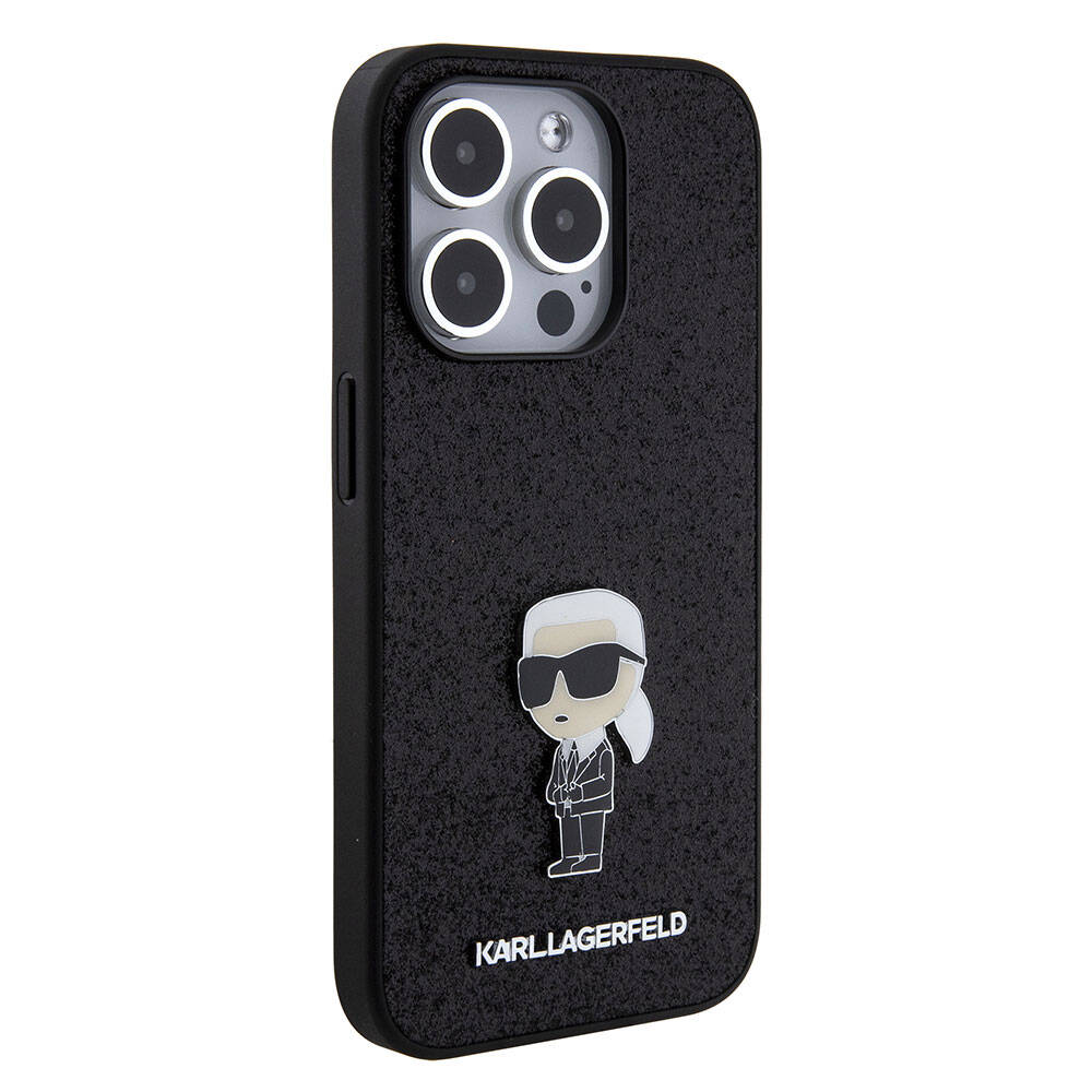 iPhone 15 Pro Kılıf Karl Lagerfeld İkonik Fixed Glitter Metal Logo Orjinal Lisanslı Kılıf Siyah