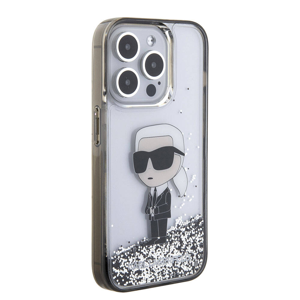 iPhone 15 Pro Kılıf Karl Lagerfeld İkonik Sıvılı Glitter Orjinal Lisanslı Kılıf Renksiz