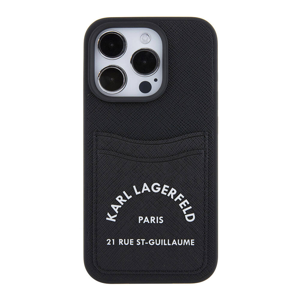iPhone 15 Pro Kılıf Karl Lagerfeld Kartlıklı Saffiano 3D RSG Logo Orjinal Lisanslı Kılıf Siyah
