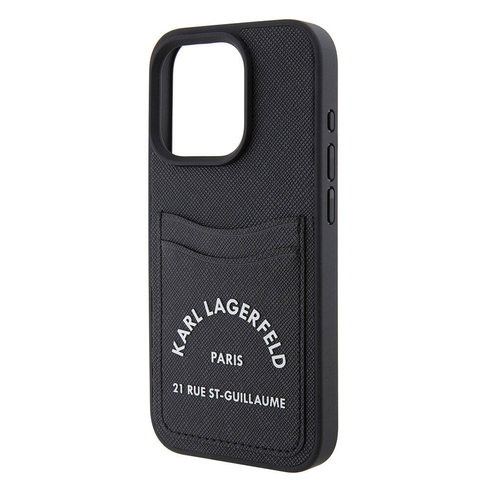 iPhone 15 Pro Kılıf Karl Lagerfeld Kartlıklı Saffiano 3D RSG Logo Orjinal Lisanslı Kılıf Siyah