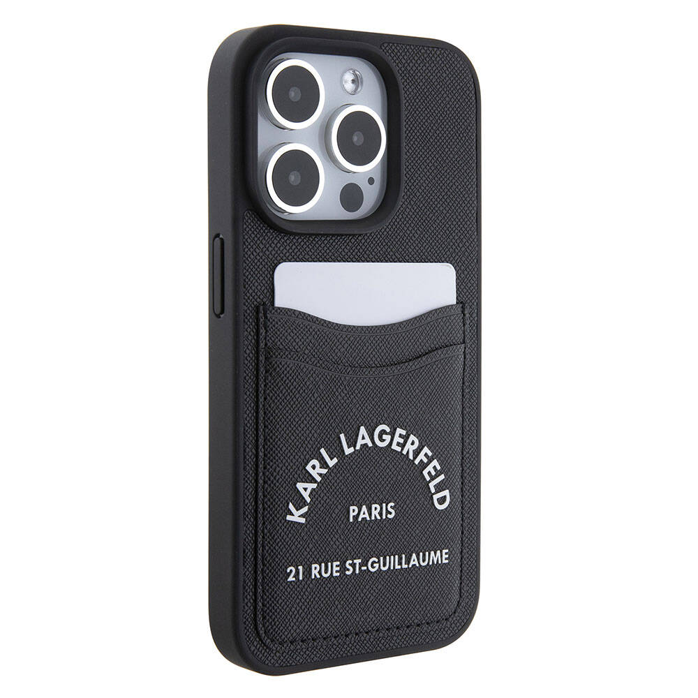 iPhone 15 Pro Kılıf Karl Lagerfeld Kartlıklı Saffiano 3D RSG Logo Orjinal Lisanslı Kılıf Siyah