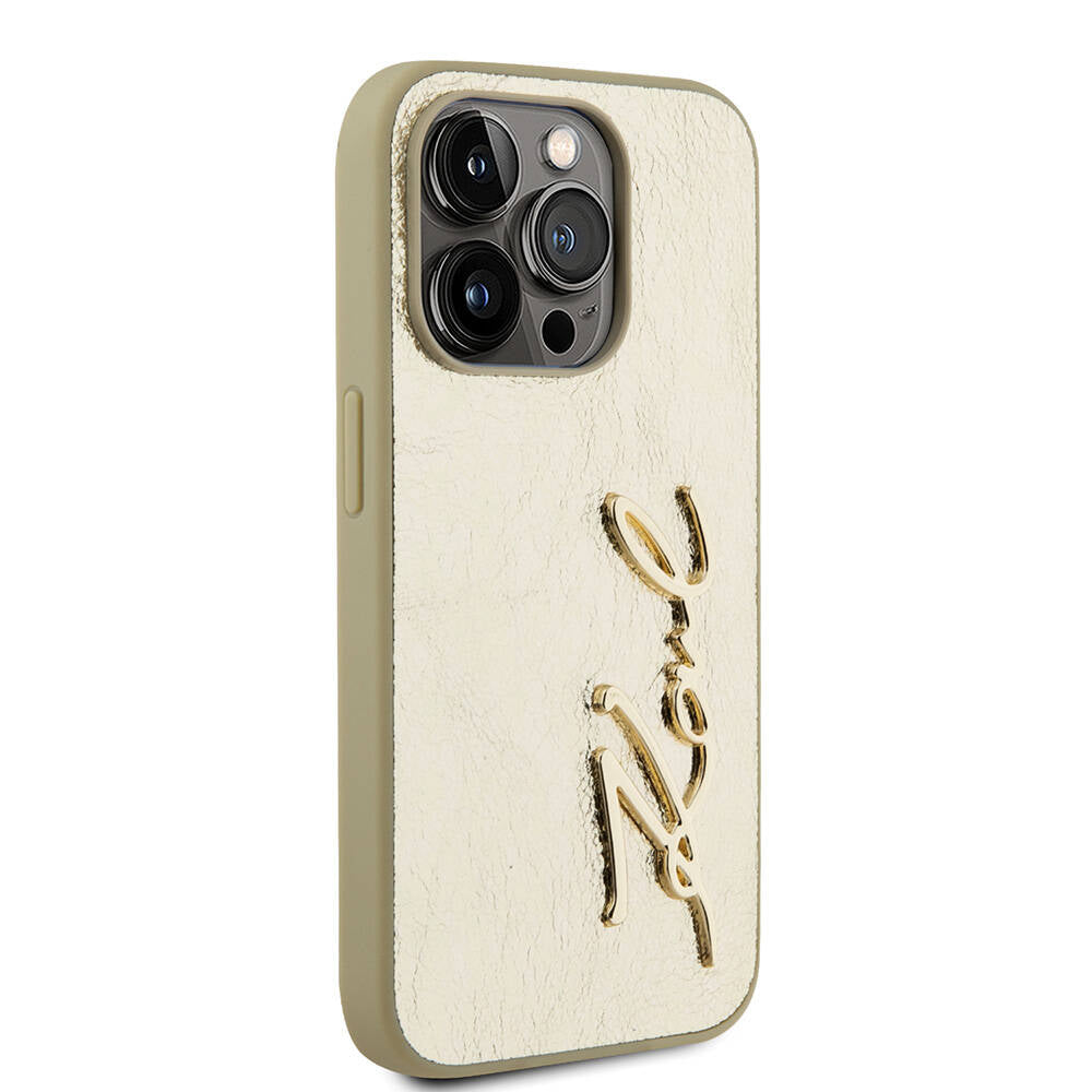 iPhone 15 Pro Kılıf Karl Lagerfeld Orjinal Lisanslı 3D KL Yazılı Tüylü Arka Yüzey Saffiano Rhinestones Kılıf Pembe