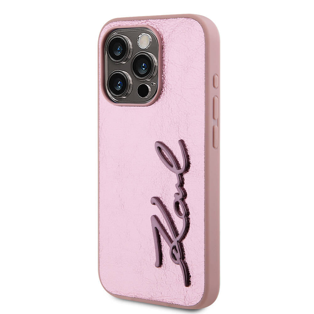 iPhone 15 Pro Kılıf Karl Lagerfeld Orjinal Lisanslı 3D KL Yazılı Tüylü Arka Yüzey Saffiano Rhinestones Kılıf Pembe