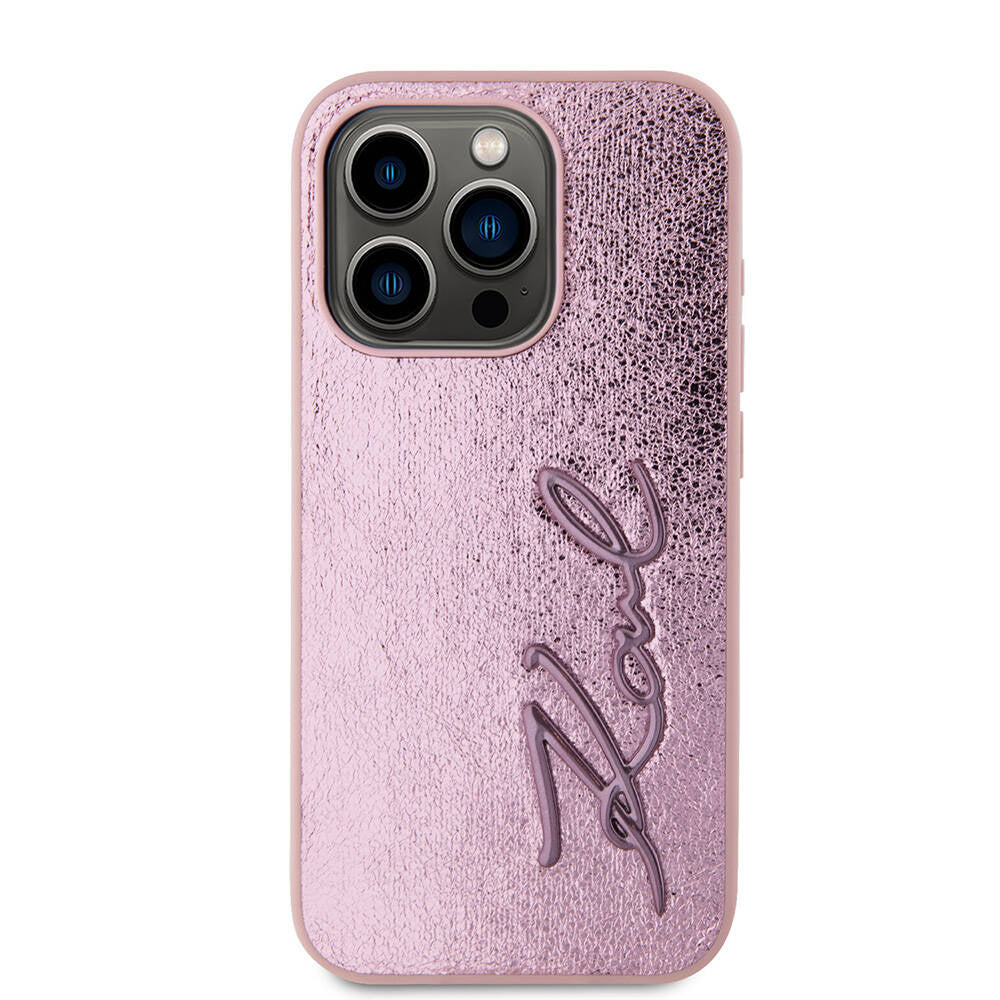 iPhone 15 Pro Kılıf Karl Lagerfeld Orjinal Lisanslı 3D KL Yazılı Tüylü Arka Yüzey Saffiano Rhinestones Kılıf Pembe