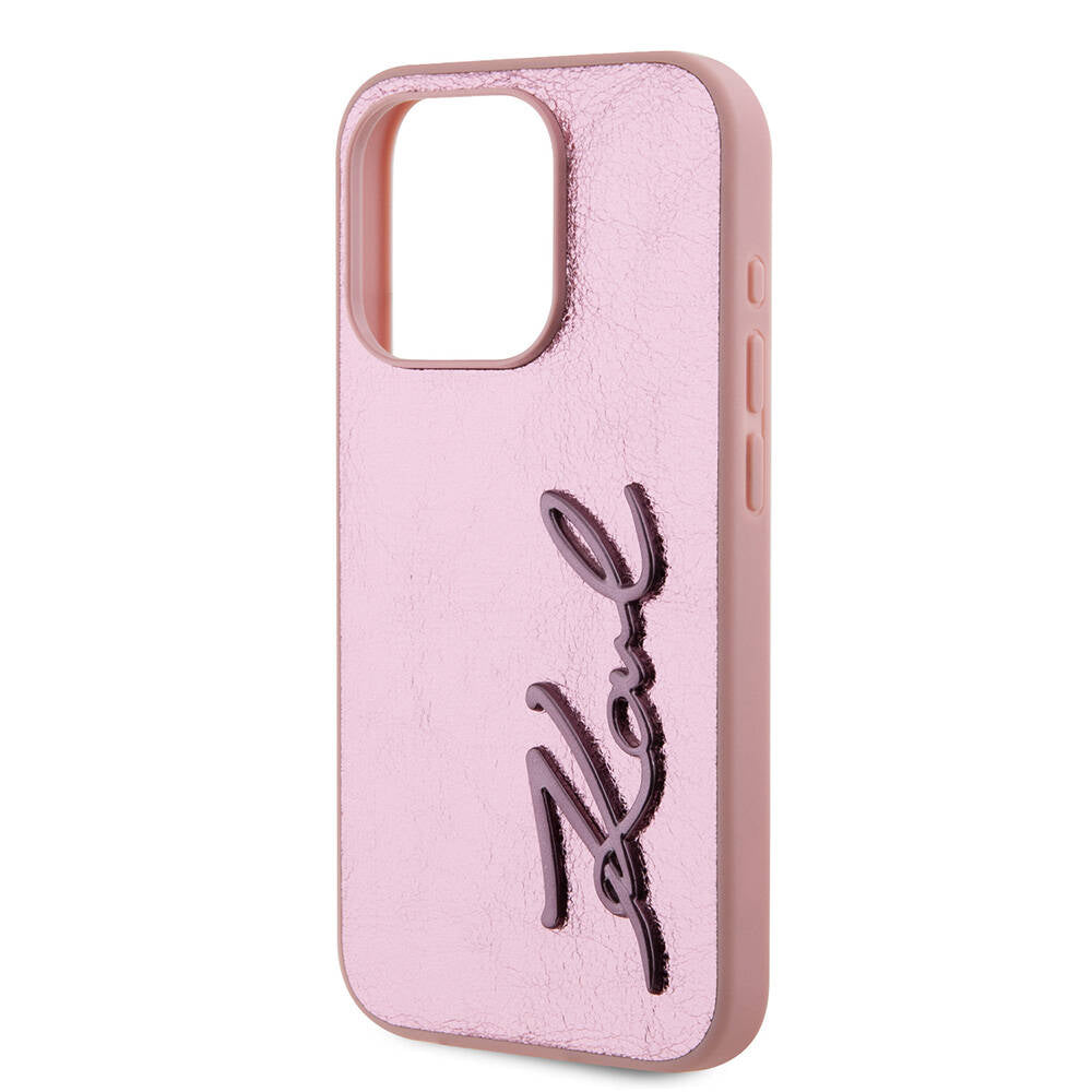 iPhone 15 Pro Kılıf Karl Lagerfeld Orjinal Lisanslı 3D KL Yazılı Tüylü Arka Yüzey Saffiano Rhinestones Kılıf Pembe