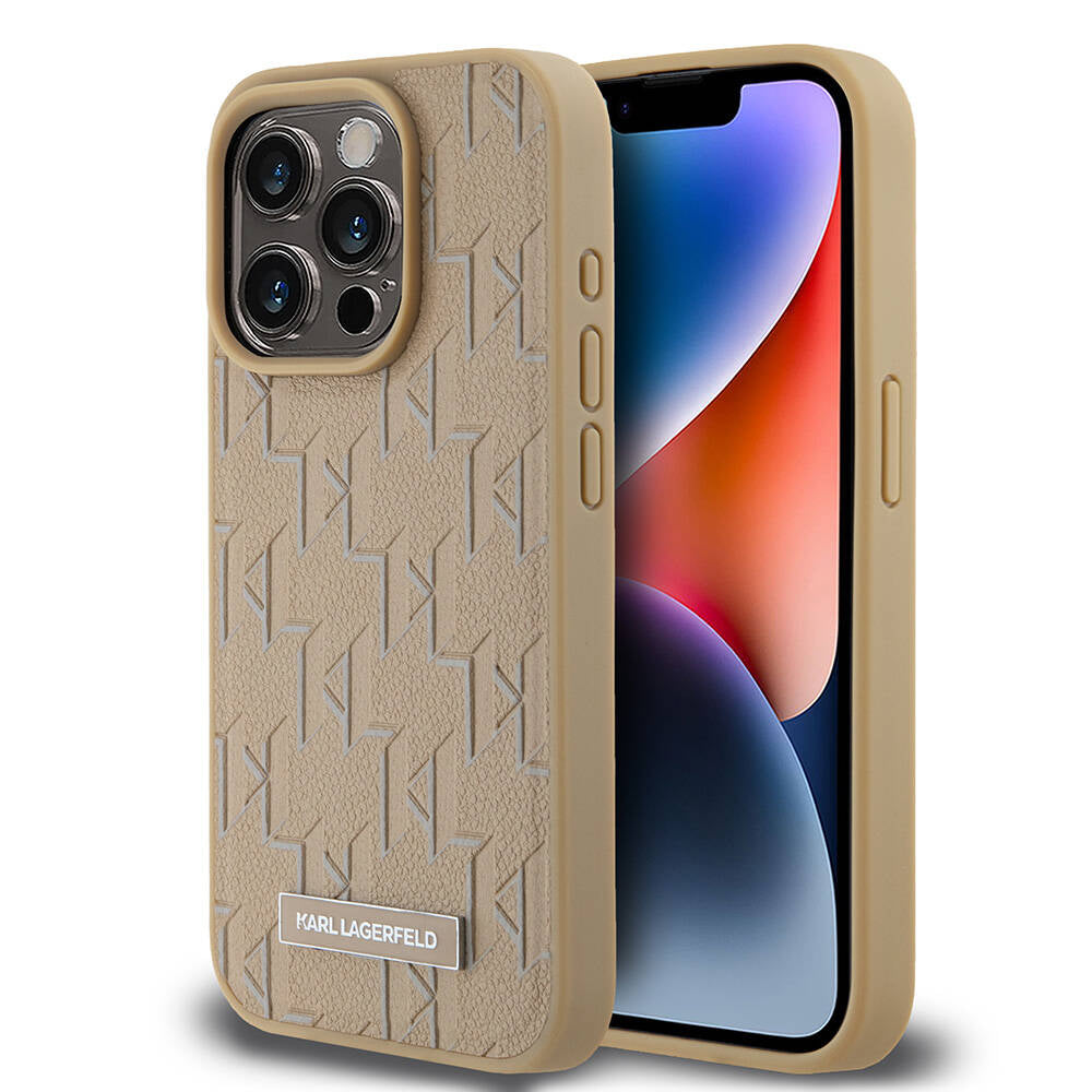 iPhone 15 Pro Kılıf Karl Lagerfeld Orjinal Lisanslı Magsafe Şarj Özellikli KL Yazılı Hot Stamp Kılıf Krem