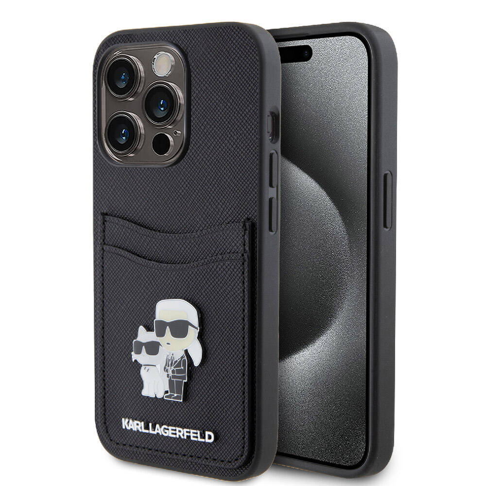 iPhone 15 Pro Kılıf Karl Lagerfeld Orjinal Lisanslı Metal Logo Kartlıklı Saffiano Kılıf Siyah