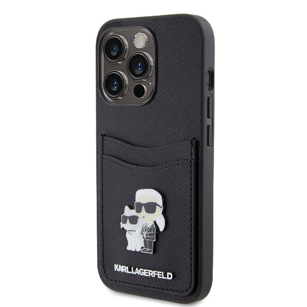 iPhone 15 Pro Kılıf Karl Lagerfeld Orjinal Lisanslı Metal Logo Kartlıklı Saffiano Kılıf Siyah