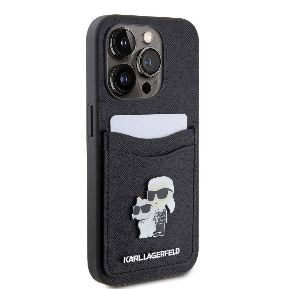 iPhone 15 Pro Kılıf Karl Lagerfeld Orjinal Lisanslı Metal Logo Kartlıklı Saffiano Kılıf Siyah
