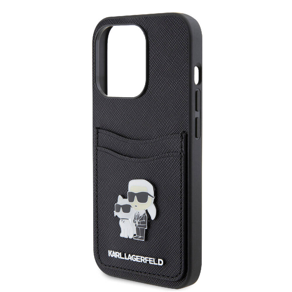 iPhone 15 Pro Kılıf Karl Lagerfeld Orjinal Lisanslı Metal Logo Kartlıklı Saffiano Kılıf Siyah