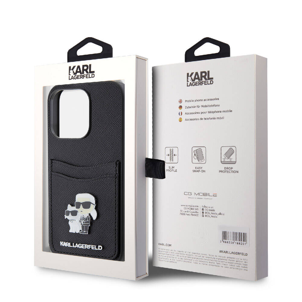 iPhone 15 Pro Kılıf Karl Lagerfeld Orjinal Lisanslı Metal Logo Kartlıklı Saffiano Kılıf Siyah