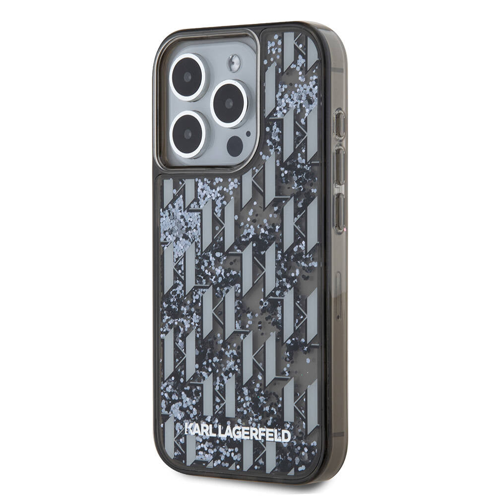 iPhone 15 Pro Kılıf Karl Lagerfeld Orjinal Lisanslı Simli KL Yazılı Monogram Gradıent Kılıf Siyah