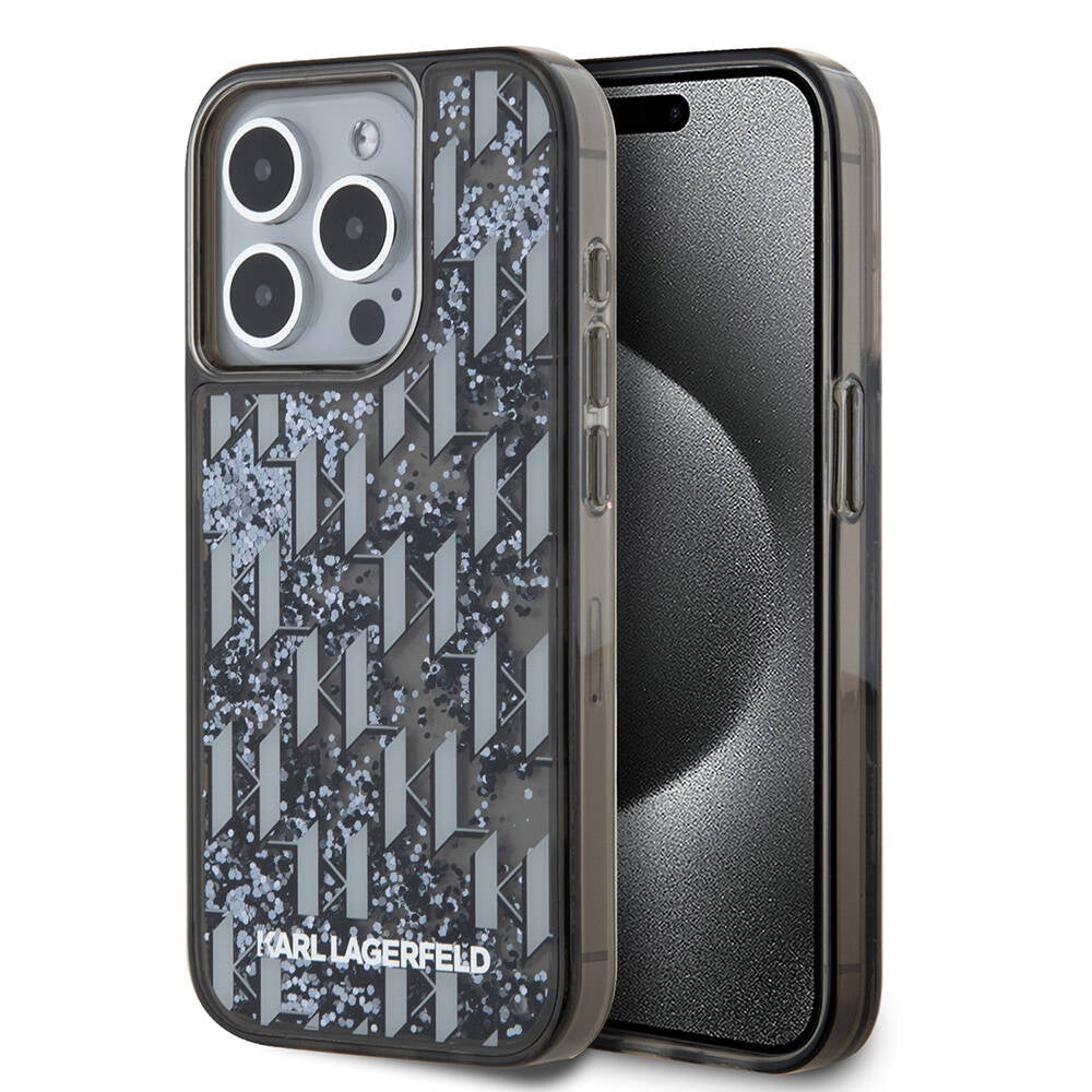 iPhone 15 Pro Kılıf Karl Lagerfeld Orjinal Lisanslı Simli KL Yazılı Monogram Gradıent Kılıf Siyah