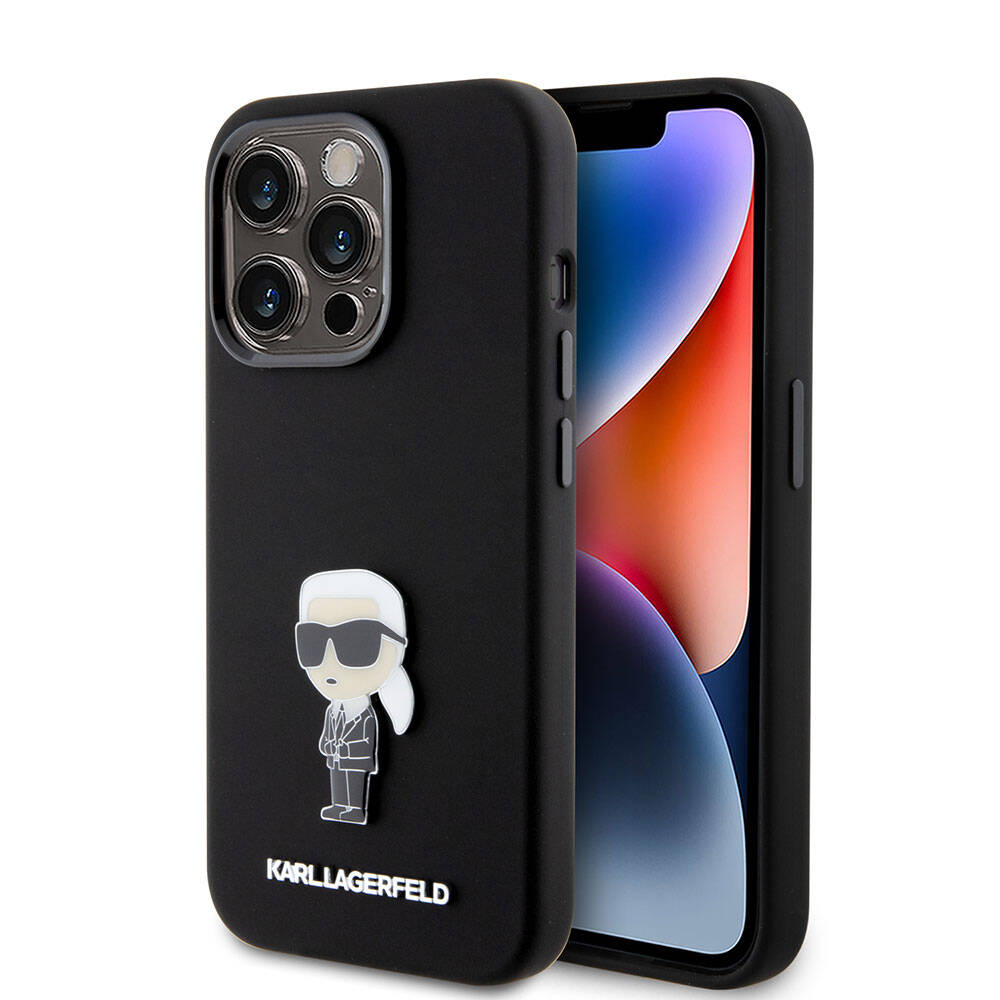 iPhone 15 Pro Kılıf Karl Lagerfeld Silikon İkonik Metal Logo Orjinal Lisanslı Kılıf Siyah