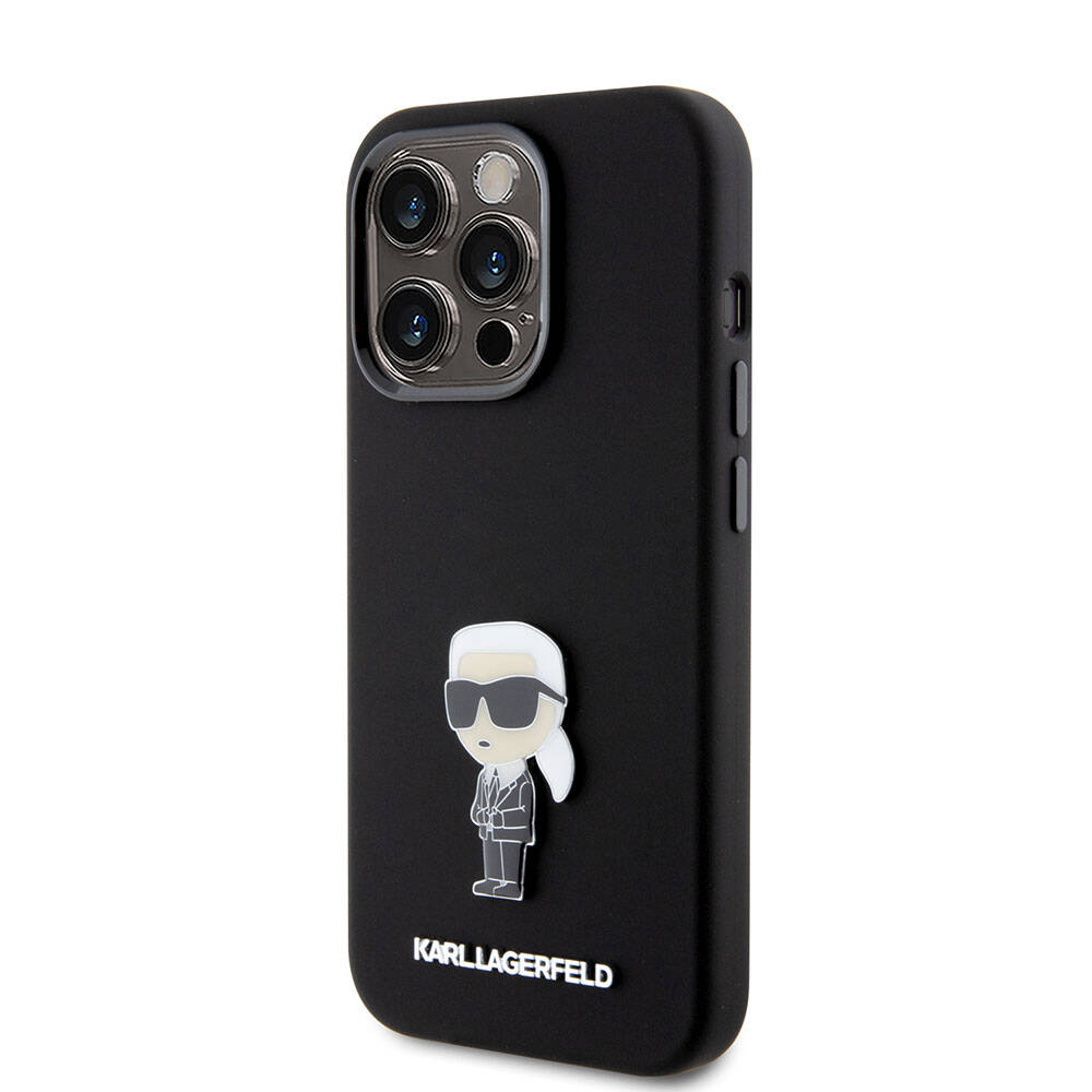 iPhone 15 Pro Kılıf Karl Lagerfeld Silikon İkonik Metal Logo Orjinal Lisanslı Kılıf Siyah