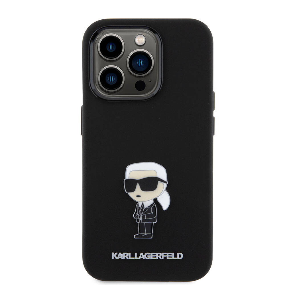 iPhone 15 Pro Kılıf Karl Lagerfeld Silikon İkonik Metal Logo Orjinal Lisanslı Kılıf Siyah