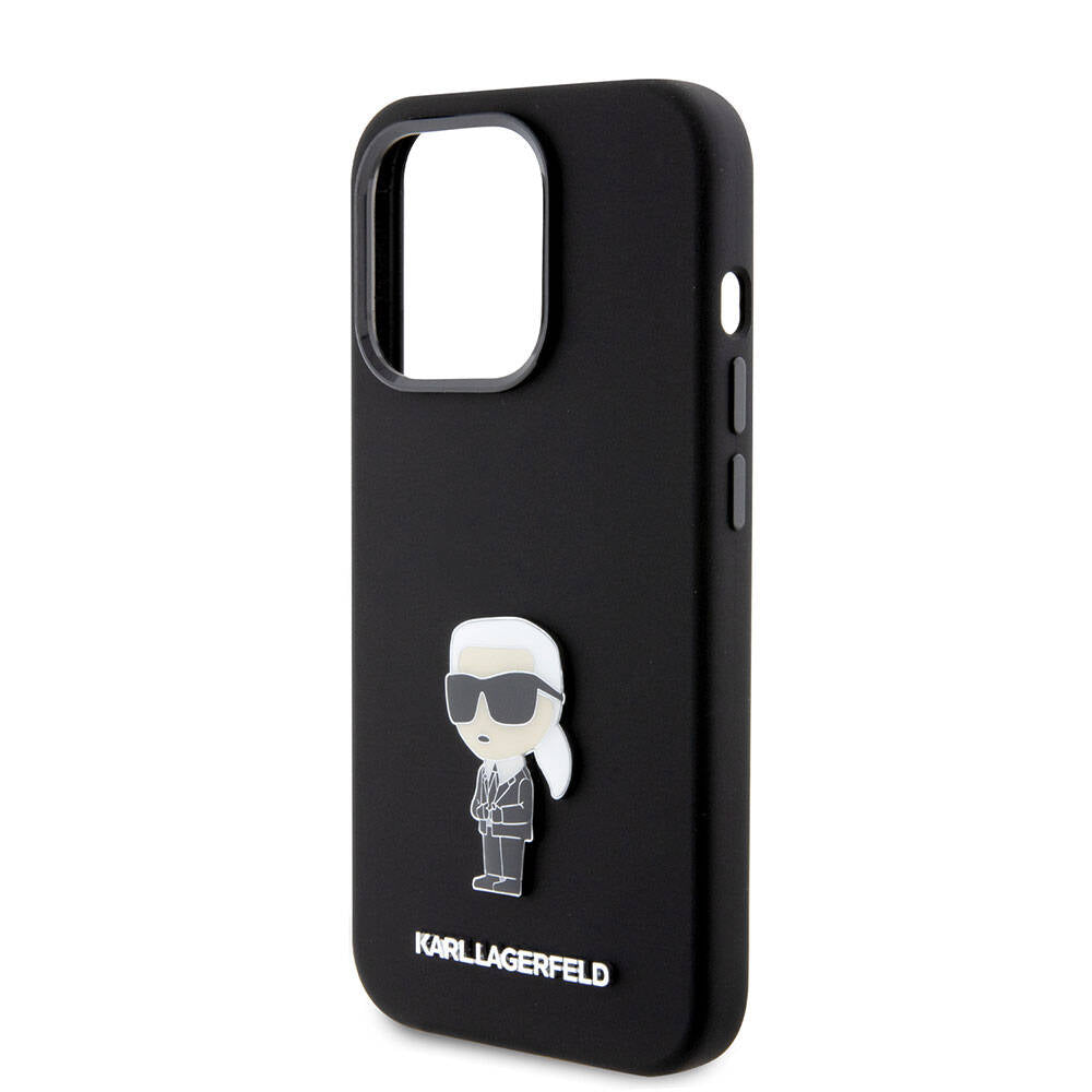 iPhone 15 Pro Kılıf Karl Lagerfeld Silikon İkonik Metal Logo Orjinal Lisanslı Kılıf Siyah