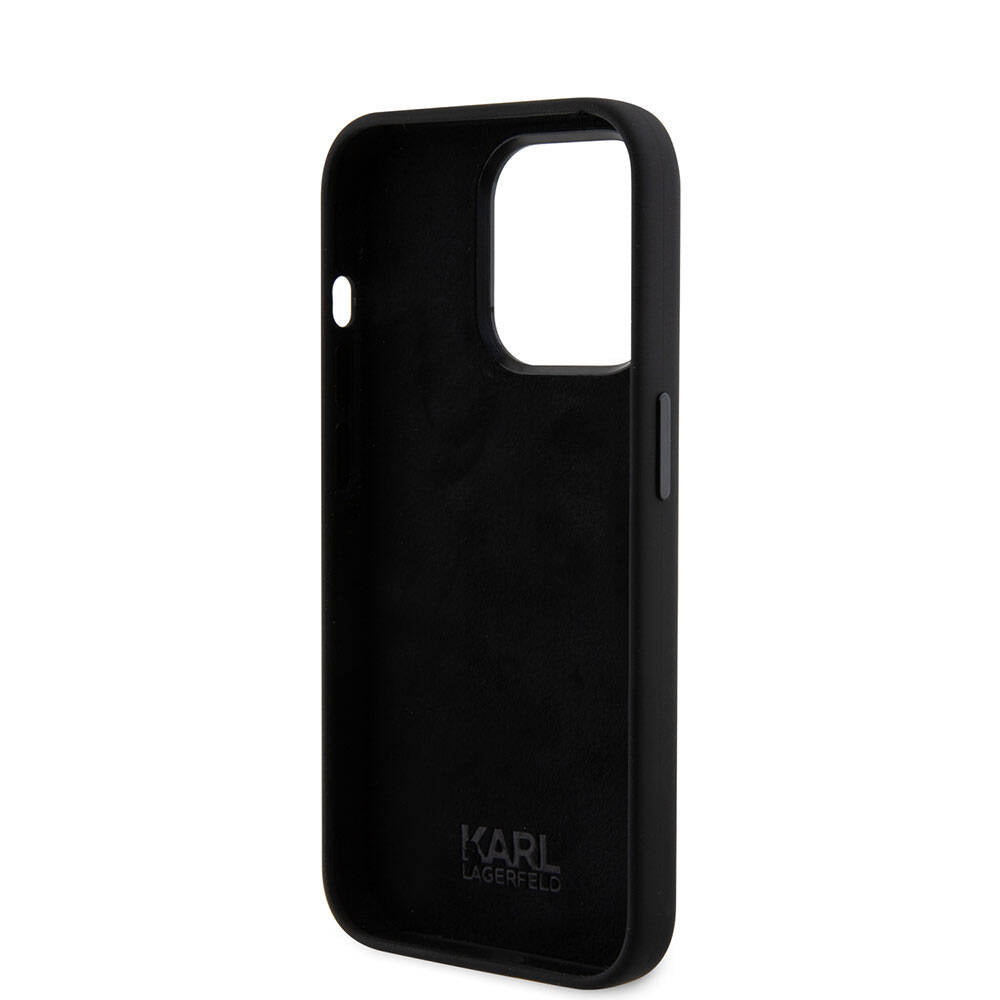 iPhone 15 Pro Kılıf Karl Lagerfeld Silikon İkonik Metal Logo Orjinal Lisanslı Kılıf Siyah