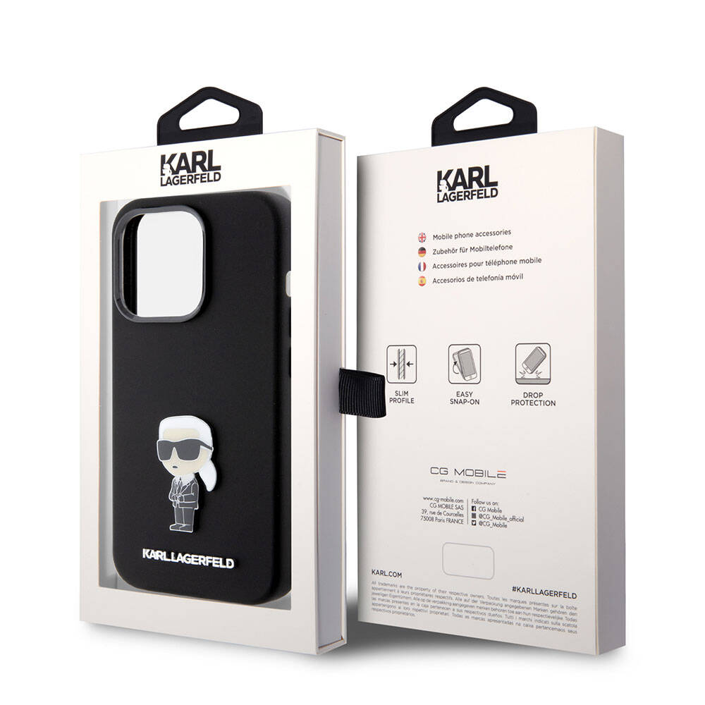 iPhone 15 Pro Kılıf Karl Lagerfeld Silikon İkonik Metal Logo Orjinal Lisanslı Kılıf Siyah