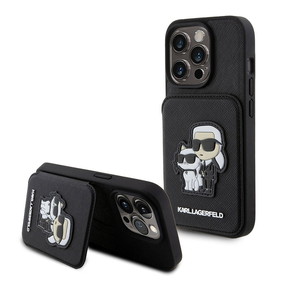 iPhone 15 Pro Kılıf Karl Lagerfeld Standlı Kartlıklı Saffiano K&C Metal Logo Orjinal Lisanslı Kılıf Siyah