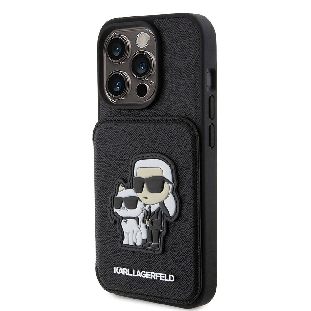 iPhone 15 Pro Kılıf Karl Lagerfeld Standlı Kartlıklı Saffiano K&C Metal Logo Orjinal Lisanslı Kılıf Siyah