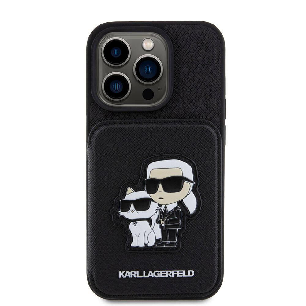 iPhone 15 Pro Kılıf Karl Lagerfeld Standlı Kartlıklı Saffiano K&C Metal Logo Orjinal Lisanslı Kılıf Siyah
