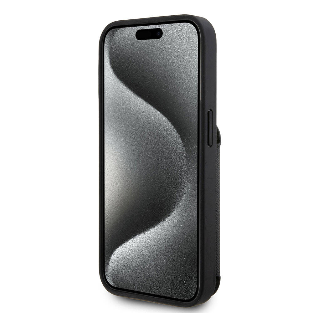 iPhone 15 Pro Kılıf Karl Lagerfeld Standlı Kartlıklı Saffiano K&C Metal Logo Orjinal Lisanslı Kılıf Siyah