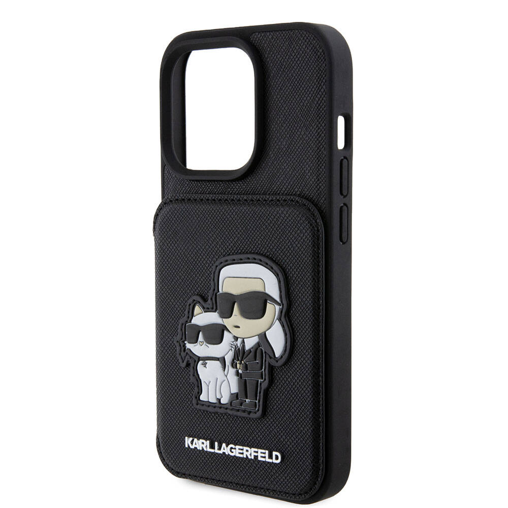 iPhone 15 Pro Kılıf Karl Lagerfeld Standlı Kartlıklı Saffiano K&C Metal Logo Orjinal Lisanslı Kılıf Siyah