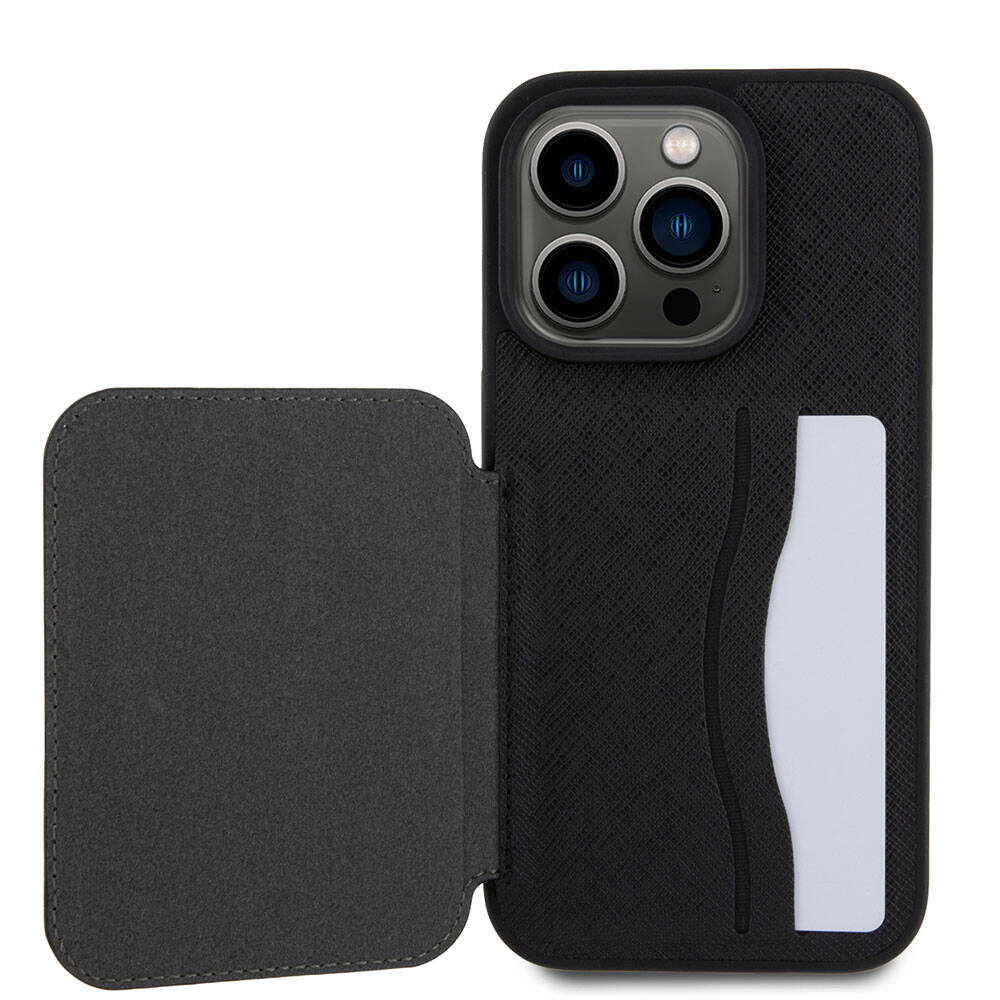 iPhone 15 Pro Kılıf Karl Lagerfeld Standlı Kartlıklı Saffiano K&C Metal Logo Orjinal Lisanslı Kılıf Siyah