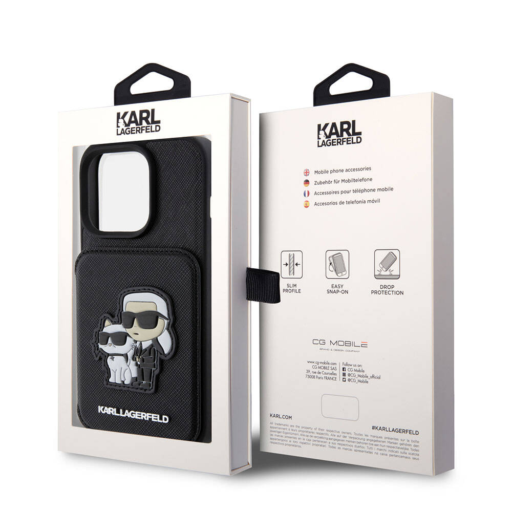 iPhone 15 Pro Kılıf Karl Lagerfeld Standlı Kartlıklı Saffiano K&C Metal Logo Orjinal Lisanslı Kılıf Siyah