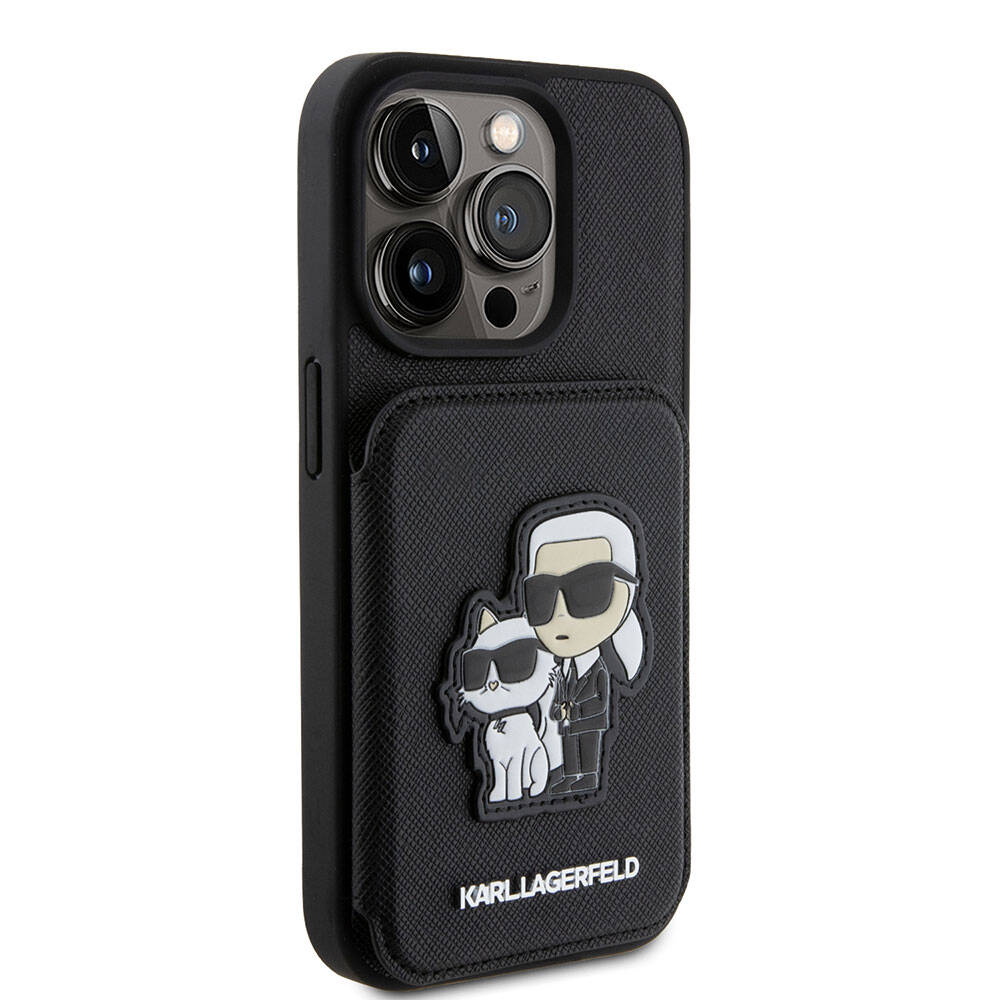 iPhone 15 Pro Kılıf Karl Lagerfeld Standlı Kartlıklı Saffiano K&C Metal Logo Orjinal Lisanslı Kılıf Siyah