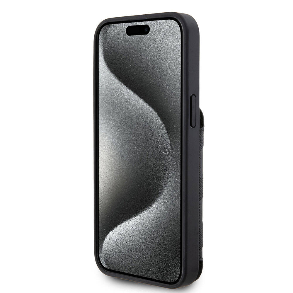 iPhone 15 Pro Kılıf Karl Lagerfeld Standlı Kartlıklı Saffiano Monogram İkonik Metal Logo Orjinal Lisanslı Kılıf Siyah