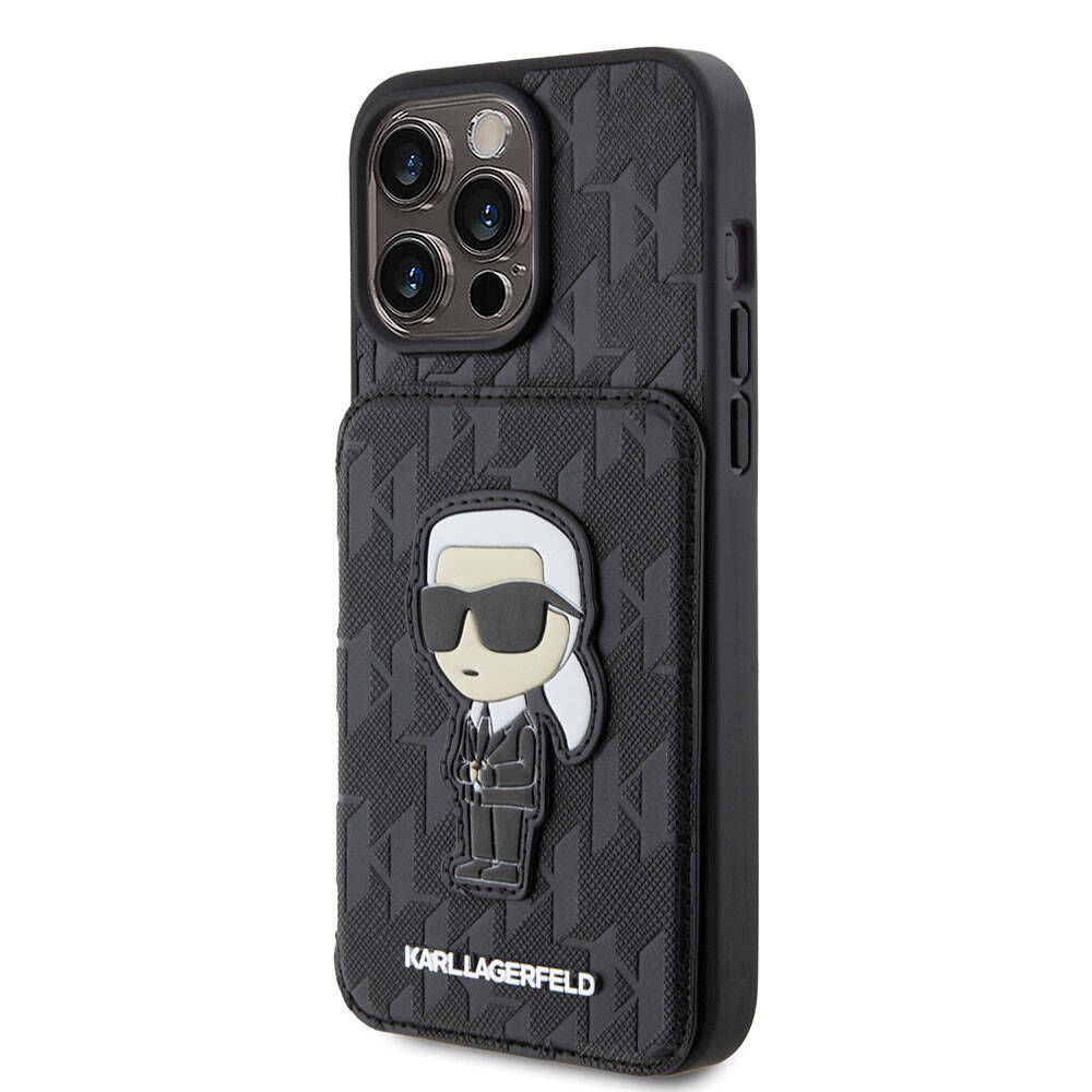 iPhone 15 Pro Kılıf Karl Lagerfeld Standlı Kartlıklı Saffiano Monogram İkonik Metal Logo Orjinal Lisanslı Kılıf Siyah