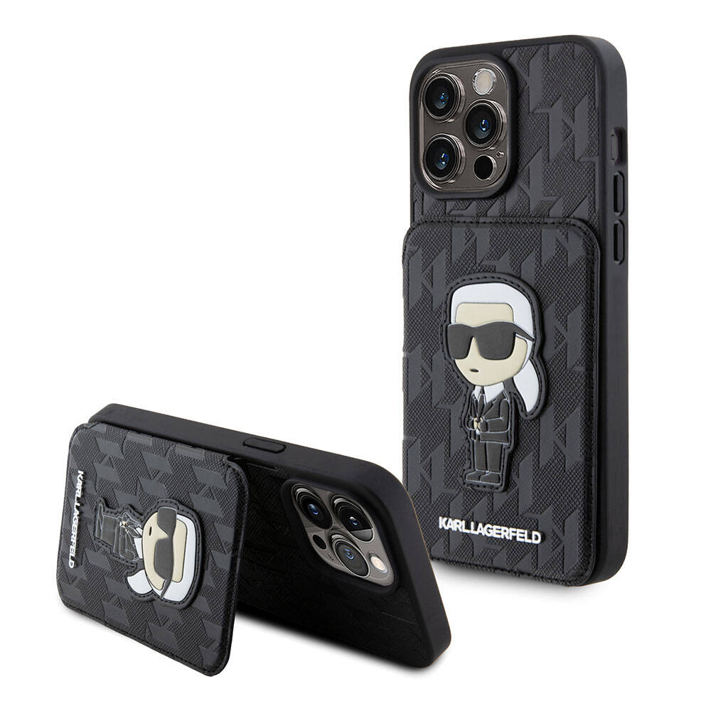 iPhone 15 Pro Kılıf Karl Lagerfeld Standlı Kartlıklı Saffiano Monogram İkonik Metal Logo Orjinal Lisanslı Kılıf Siyah