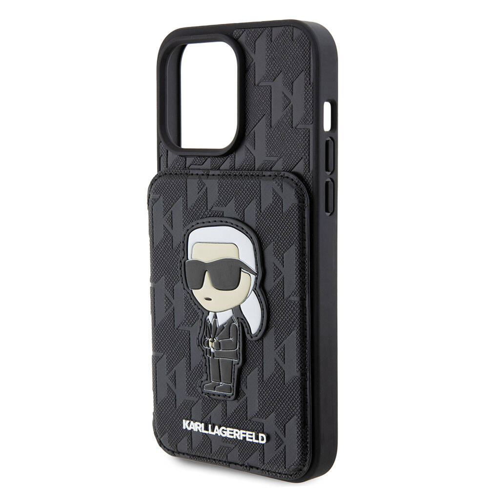 iPhone 15 Pro Kılıf Karl Lagerfeld Standlı Kartlıklı Saffiano Monogram İkonik Metal Logo Orjinal Lisanslı Kılıf Siyah