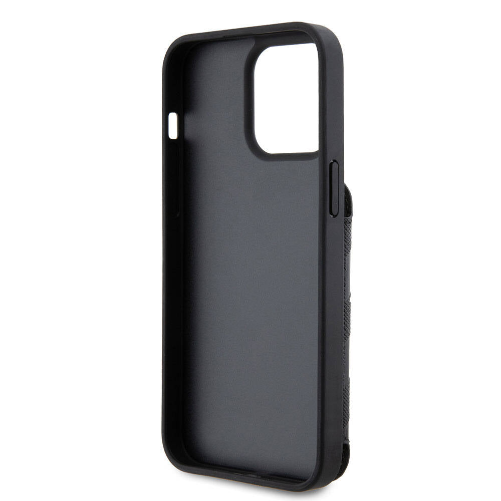 iPhone 15 Pro Kılıf Karl Lagerfeld Standlı Kartlıklı Saffiano Monogram İkonik Metal Logo Orjinal Lisanslı Kılıf Siyah