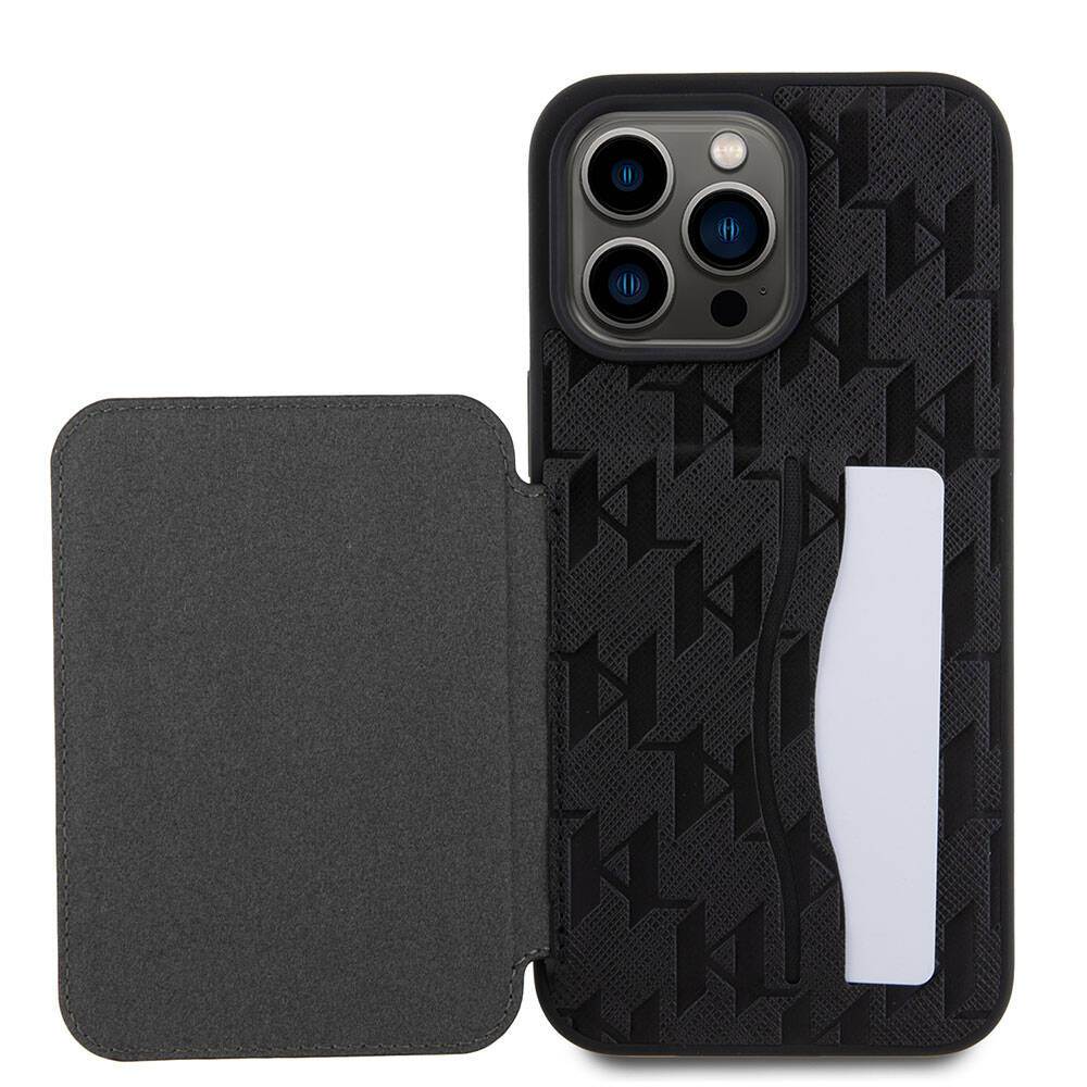 iPhone 15 Pro Kılıf Karl Lagerfeld Standlı Kartlıklı Saffiano Monogram İkonik Metal Logo Orjinal Lisanslı Kılıf Siyah