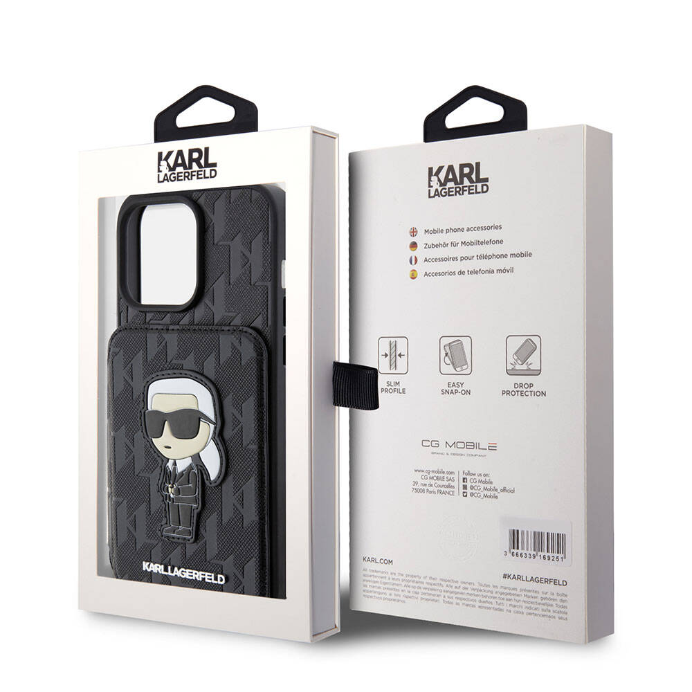 iPhone 15 Pro Kılıf Karl Lagerfeld Standlı Kartlıklı Saffiano Monogram İkonik Metal Logo Orjinal Lisanslı Kılıf Siyah