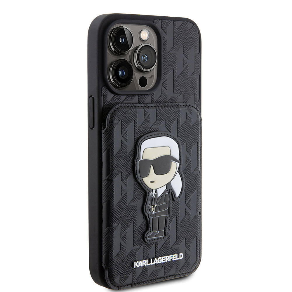 iPhone 15 Pro Kılıf Karl Lagerfeld Standlı Kartlıklı Saffiano Monogram İkonik Metal Logo Orjinal Lisanslı Kılıf Siyah