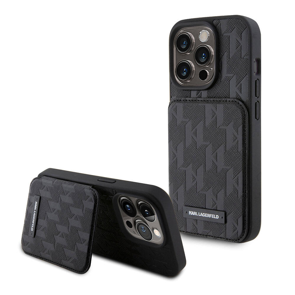 iPhone 15 Pro Kılıf Karl Lagerfeld Standlı Kartlıklı Saffiano Monogram Metal Logo Orjinal Lisanslı Kılıf Siyah