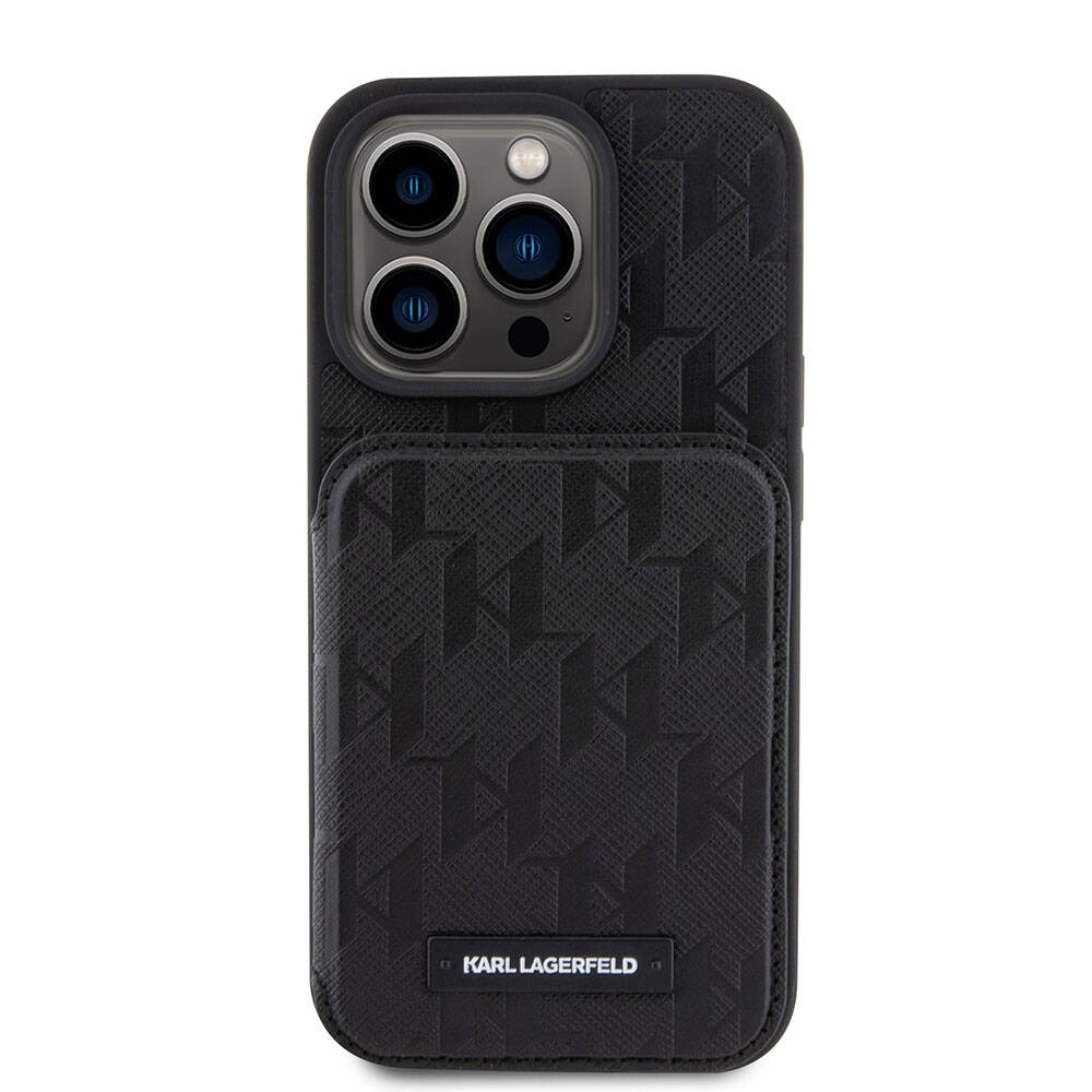 iPhone 15 Pro Kılıf Karl Lagerfeld Standlı Kartlıklı Saffiano Monogram Metal Logo Orjinal Lisanslı Kılıf Siyah