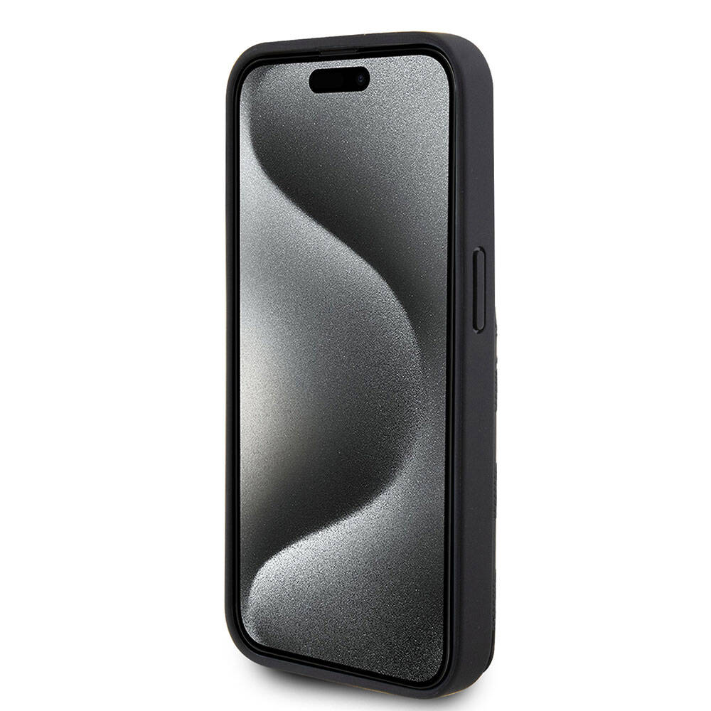 iPhone 15 Pro Kılıf Karl Lagerfeld Standlı Kartlıklı Saffiano Monogram Metal Logo Orjinal Lisanslı Kılıf Siyah