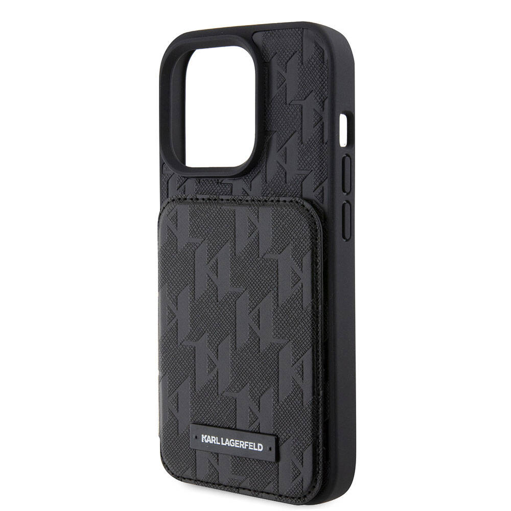 iPhone 15 Pro Kılıf Karl Lagerfeld Standlı Kartlıklı Saffiano Monogram Metal Logo Orjinal Lisanslı Kılıf Siyah