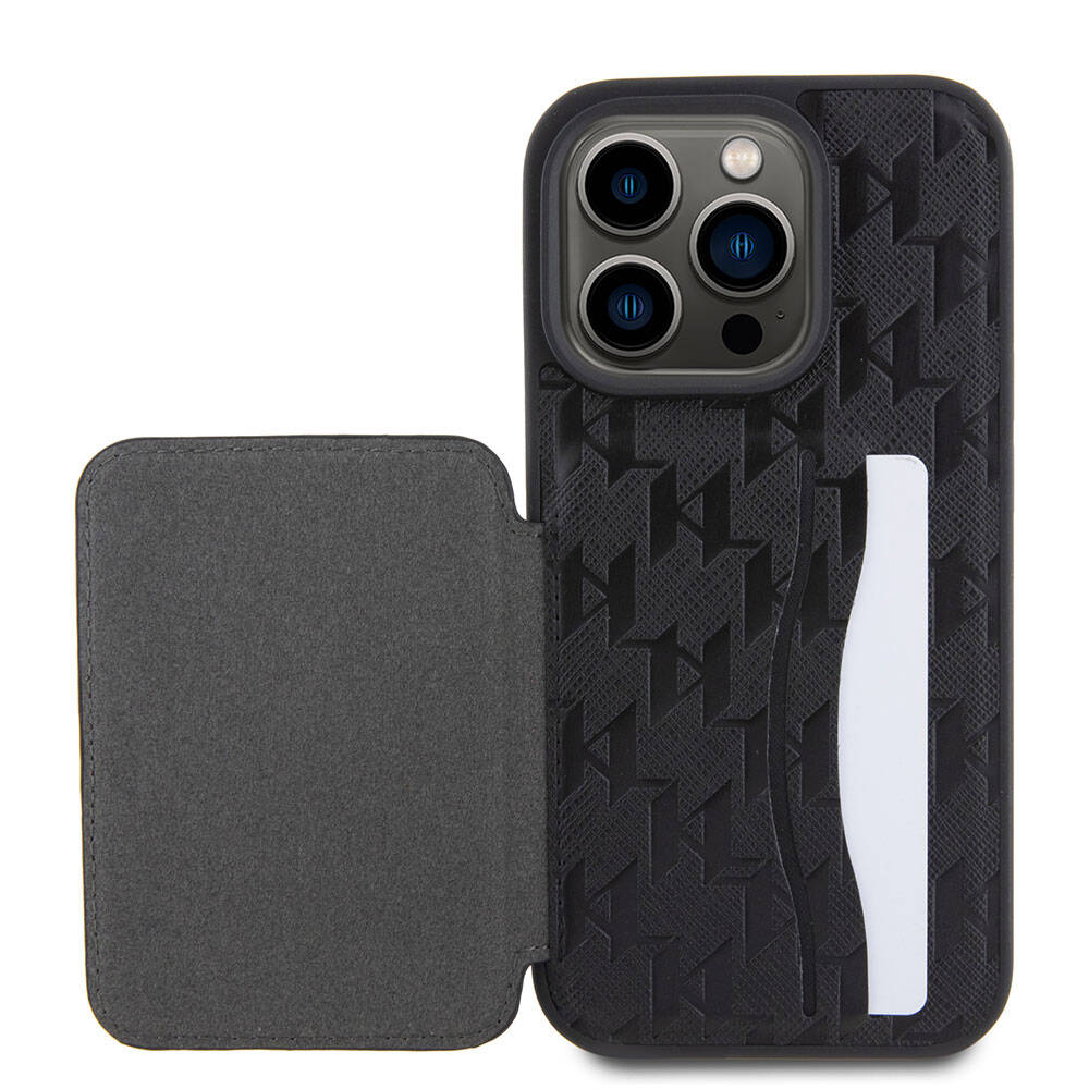 iPhone 15 Pro Kılıf Karl Lagerfeld Standlı Kartlıklı Saffiano Monogram Metal Logo Orjinal Lisanslı Kılıf Siyah