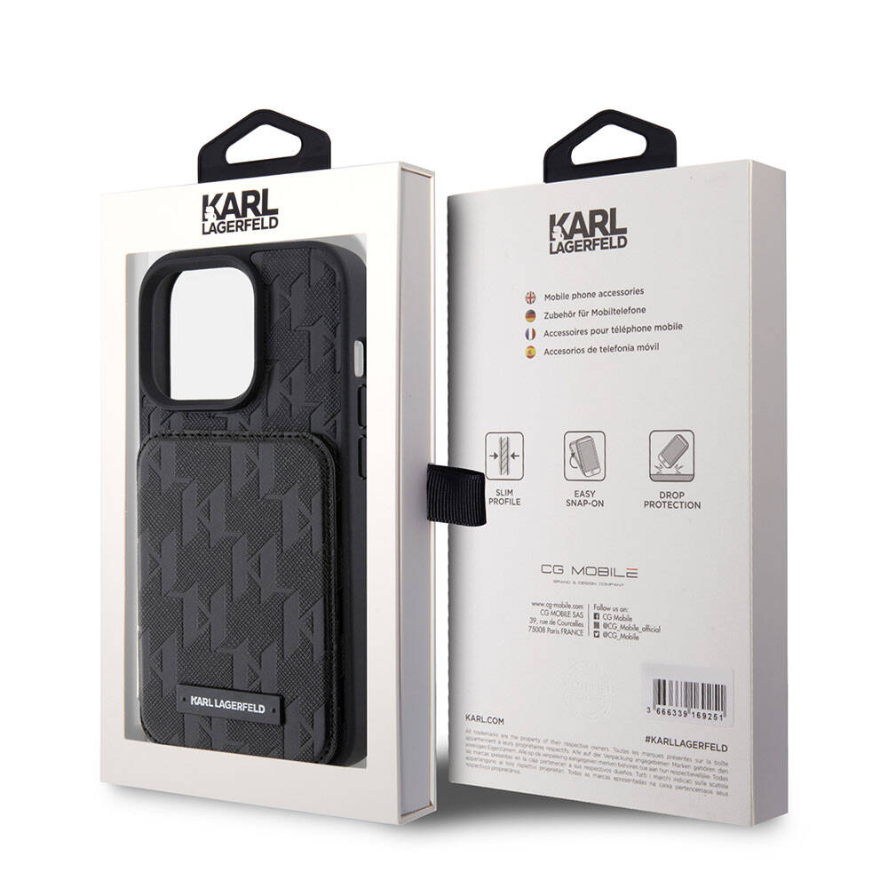 iPhone 15 Pro Kılıf Karl Lagerfeld Standlı Kartlıklı Saffiano Monogram Metal Logo Orjinal Lisanslı Kılıf Siyah