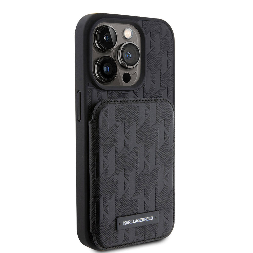 iPhone 15 Pro Kılıf Karl Lagerfeld Standlı Kartlıklı Saffiano Monogram Metal Logo Orjinal Lisanslı Kılıf Siyah