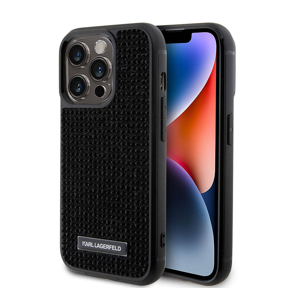 iPhone 15 Pro Kılıf Karl Lagerfeld Taşlı Metal Logo Orjinal Lisanslı Kılıf Siyah