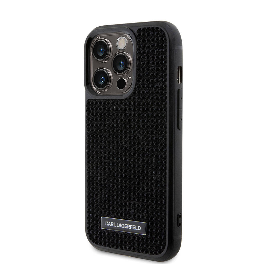 iPhone 15 Pro Kılıf Karl Lagerfeld Taşlı Metal Logo Orjinal Lisanslı Kılıf Siyah