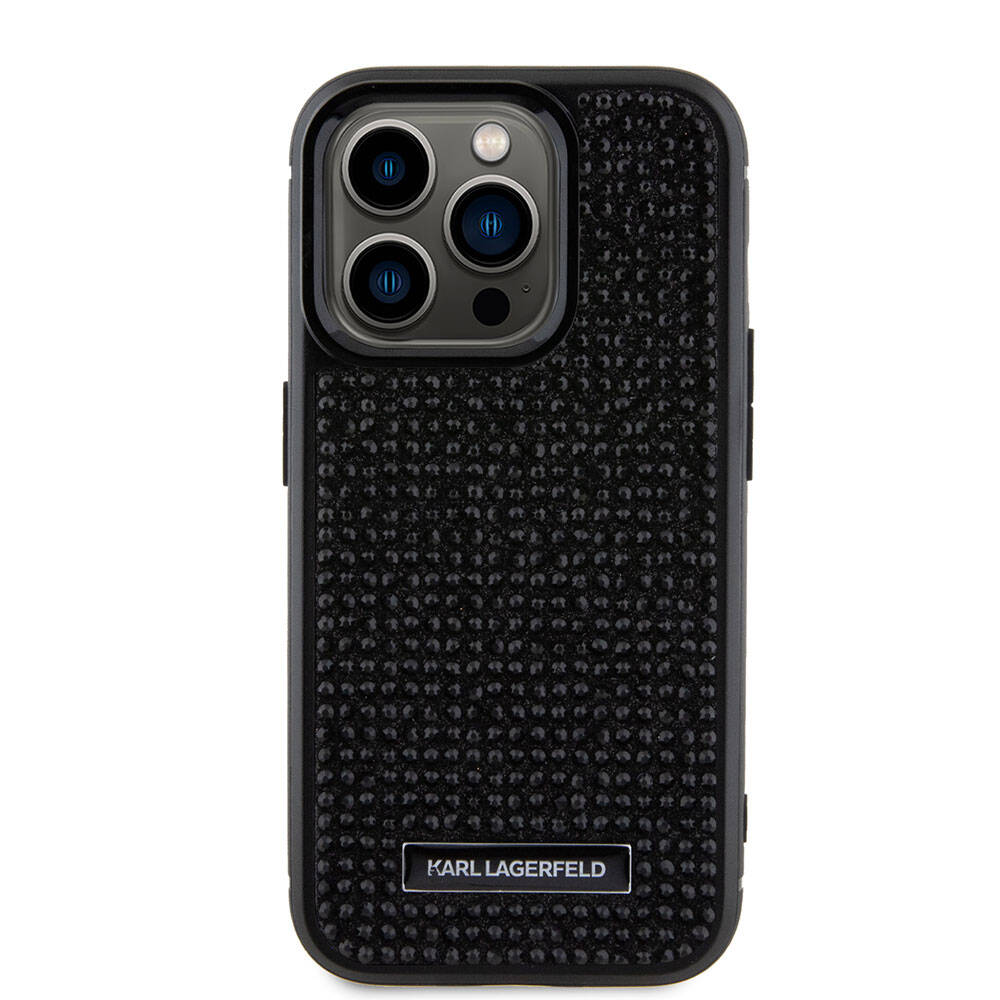 iPhone 15 Pro Kılıf Karl Lagerfeld Taşlı Metal Logo Orjinal Lisanslı Kılıf Siyah