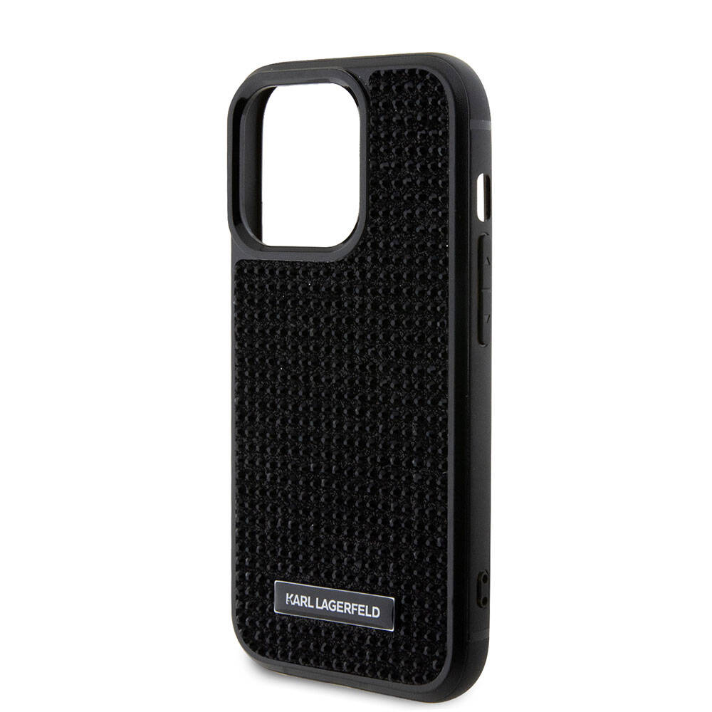iPhone 15 Pro Kılıf Karl Lagerfeld Taşlı Metal Logo Orjinal Lisanslı Kılıf Siyah